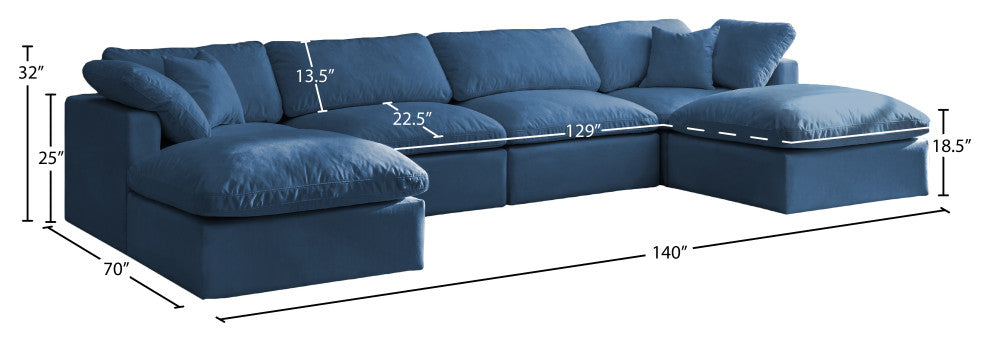 Plush Velvet / Down Standard Comfort 6-Piece U-Shaped Modular Sectional, Navy