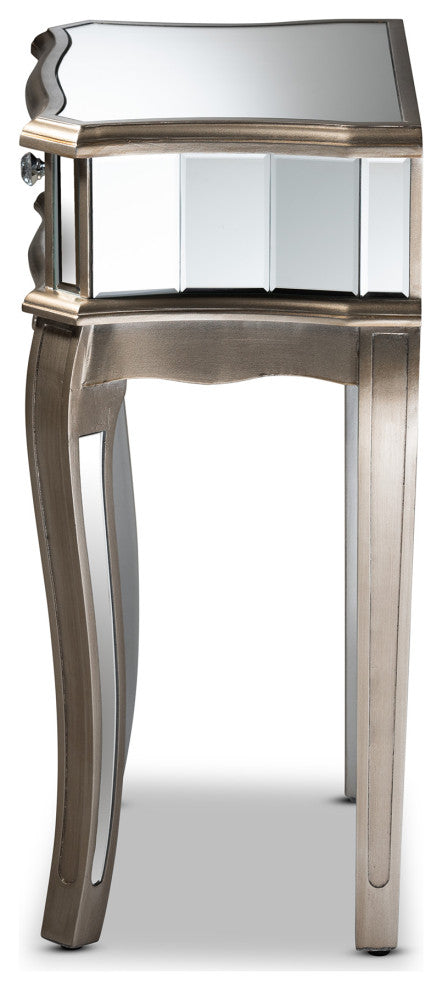 Elgin Brushed Silver Finished Wood and Mirrored Glass 1-Drawer Nightstand