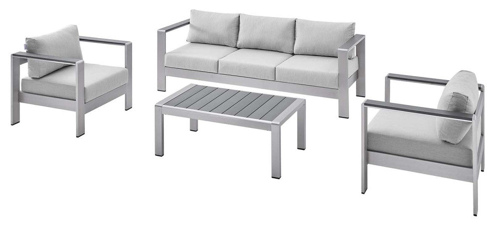 Sectional Sofa Chair Table Set, Sunbrella, Aluminum, Silver Gray, Outdoor