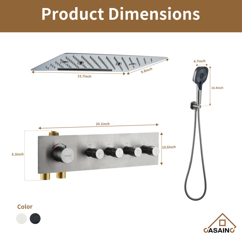 16 Inch Luxury Thermostatic Shower System, Brushed Nickel