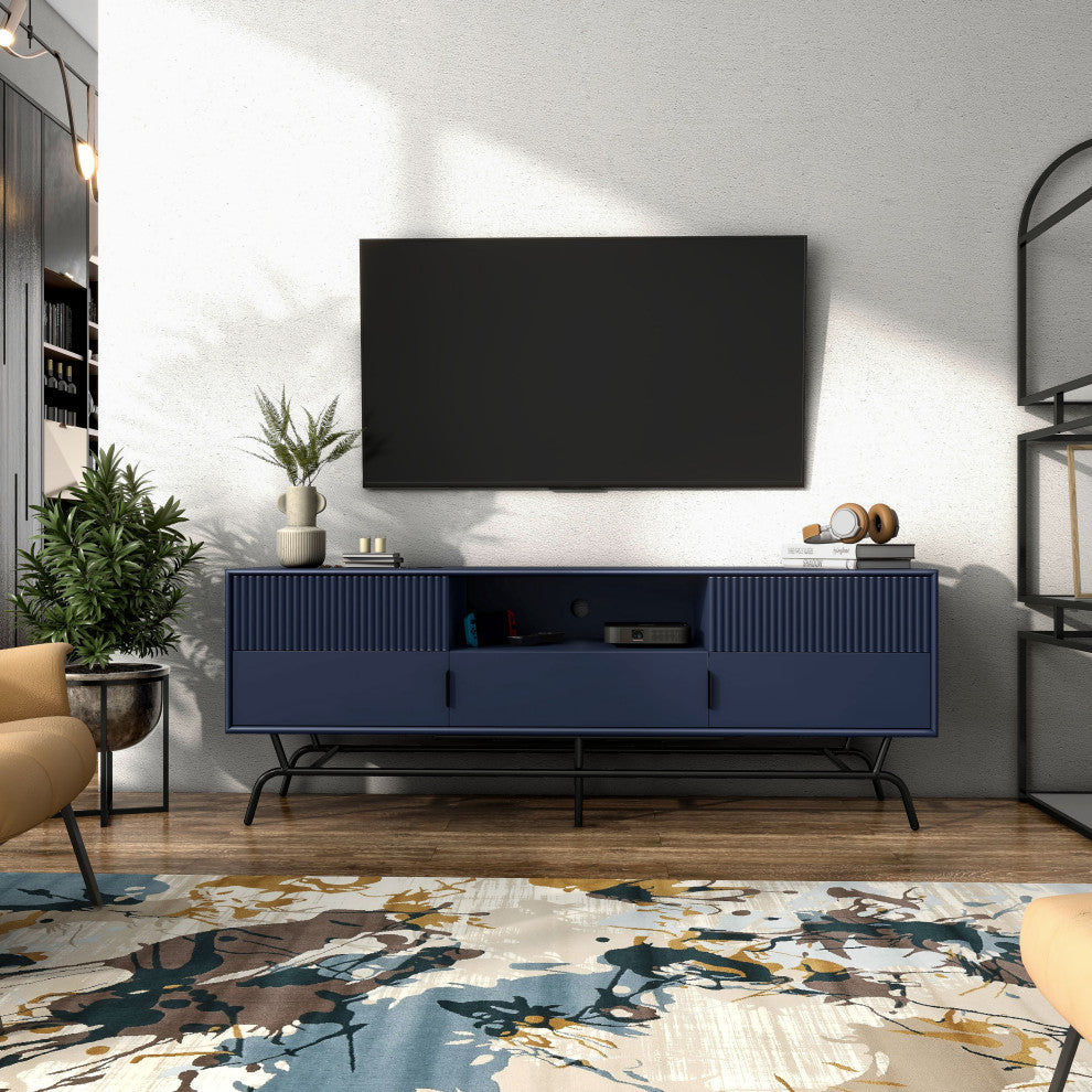 Danel TV Stand Fits TV's Up to 65", 3-Drawers, Textured Panels, Blue