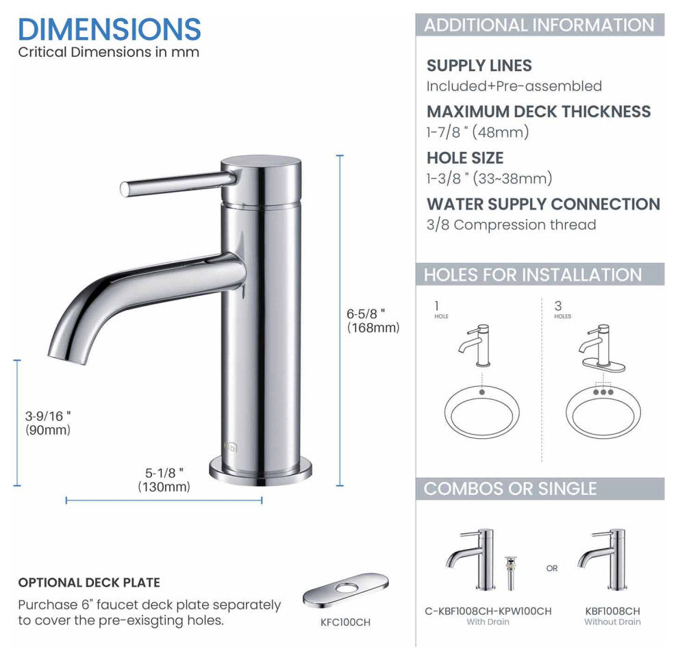 Circular Brass Single Handle Bathroom Faucet KBF1008, Chrome, With Drain