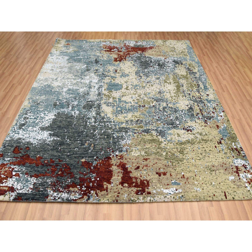 Parchment Color, Hand Knotted Abstract Design, Soft Wool Square Rug, 8'0"x8'5"