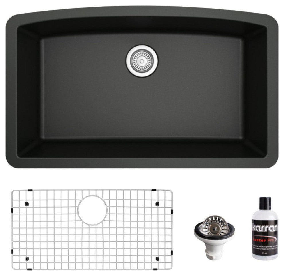 Karran Undermount Quartz 32" Single Bowl Kitchen Sink Kit, Black