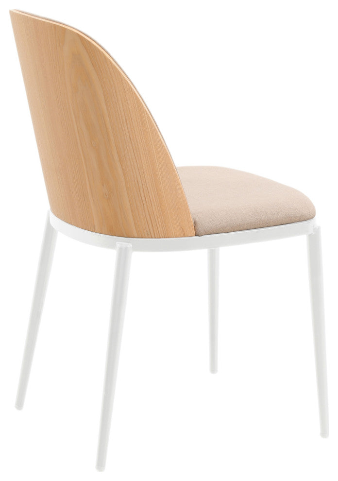 LeisureMod Tule Dining Chair With Upholstered Seat and White Steel Frame, Natural Wood/Brown