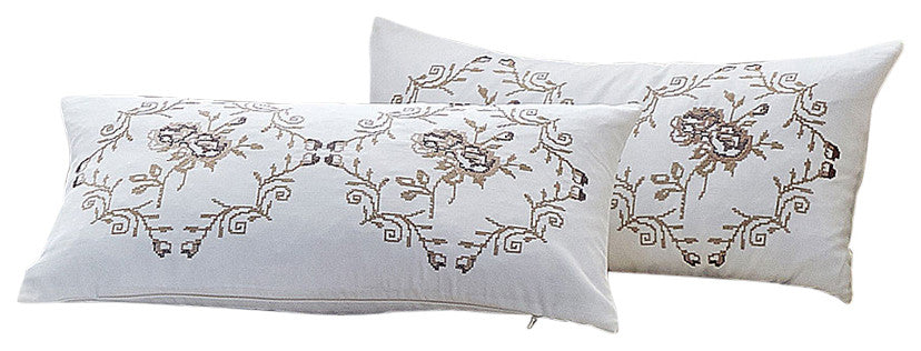 Rose Embroidery 2 Piece Pillow Cover Set, 14" X 26", Taupe