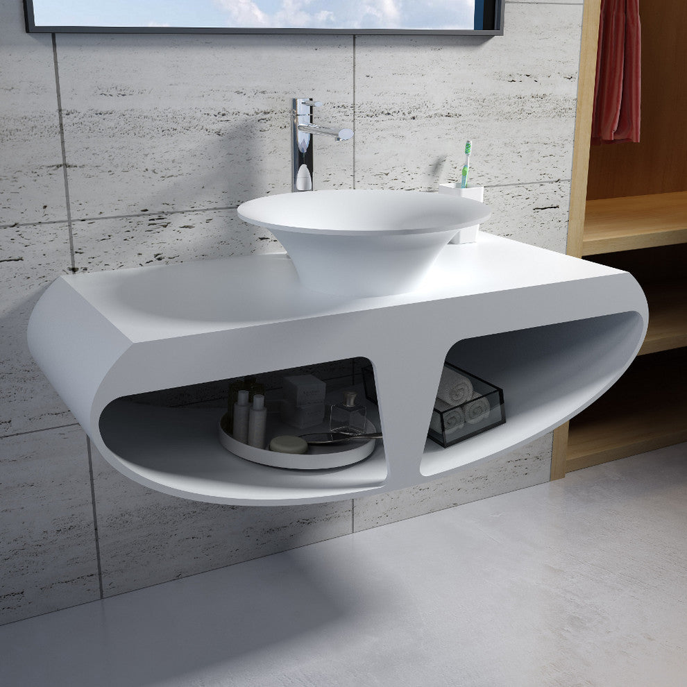 43" Polystone Wall Mounted Vanity Only Sink, Matte White, No Sink