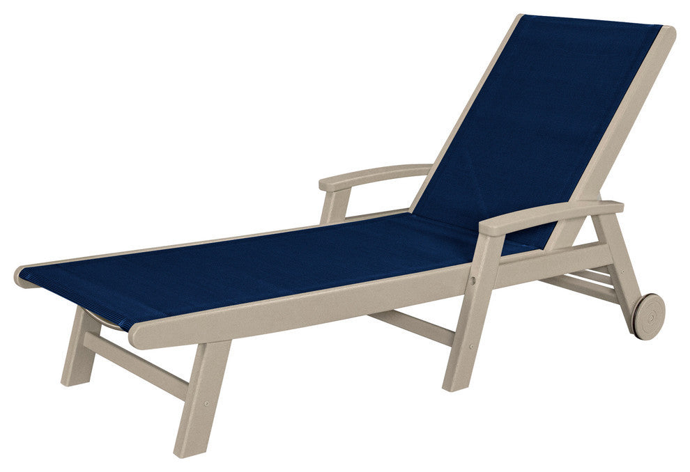 Coastal Chaise With Wheels, Sand / Navy Blue Sling