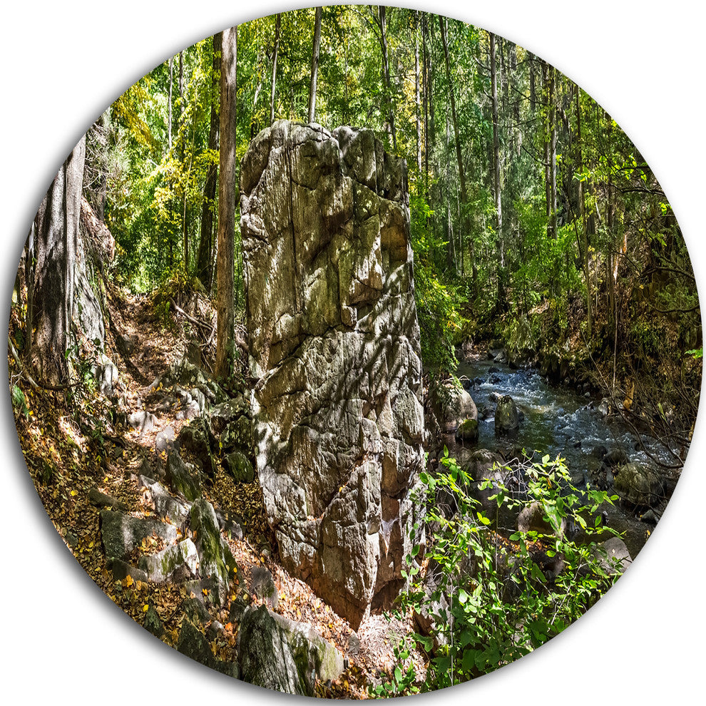 Huge Rock In Black River Shore, Landscape Round Metal Wall Art, 23"