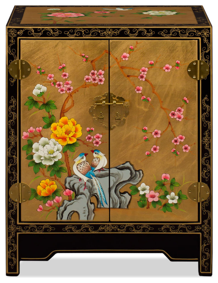 Gold Leaf Chinoiserie Bird and Flower Oriental Cabinet