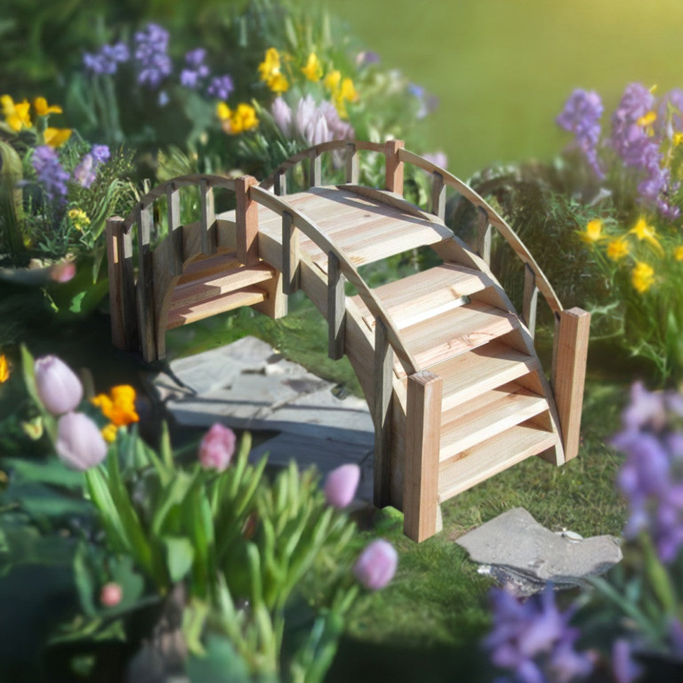 SamsGazebos Fairy Tale Wood Garden Bridge With Picket Railings, Unfinished