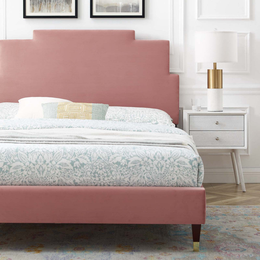 Platform Bed Frame, King Size, Velvet, Pink, Modern Contemporary, Bedroom Master