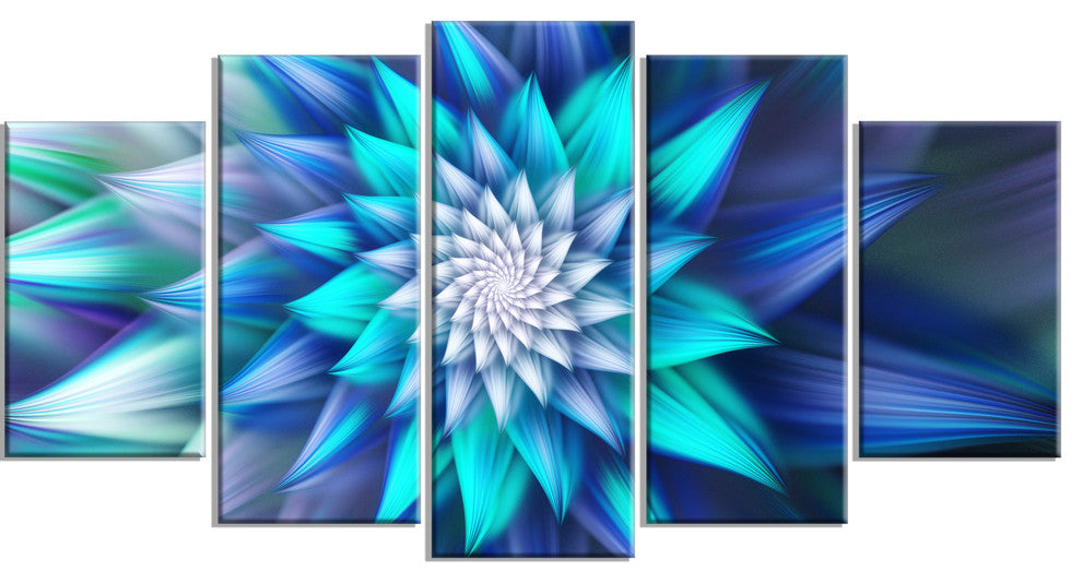Blue Alien Fractal Flower, Floral Canvas Art Print, 60"x32", 5 Panels