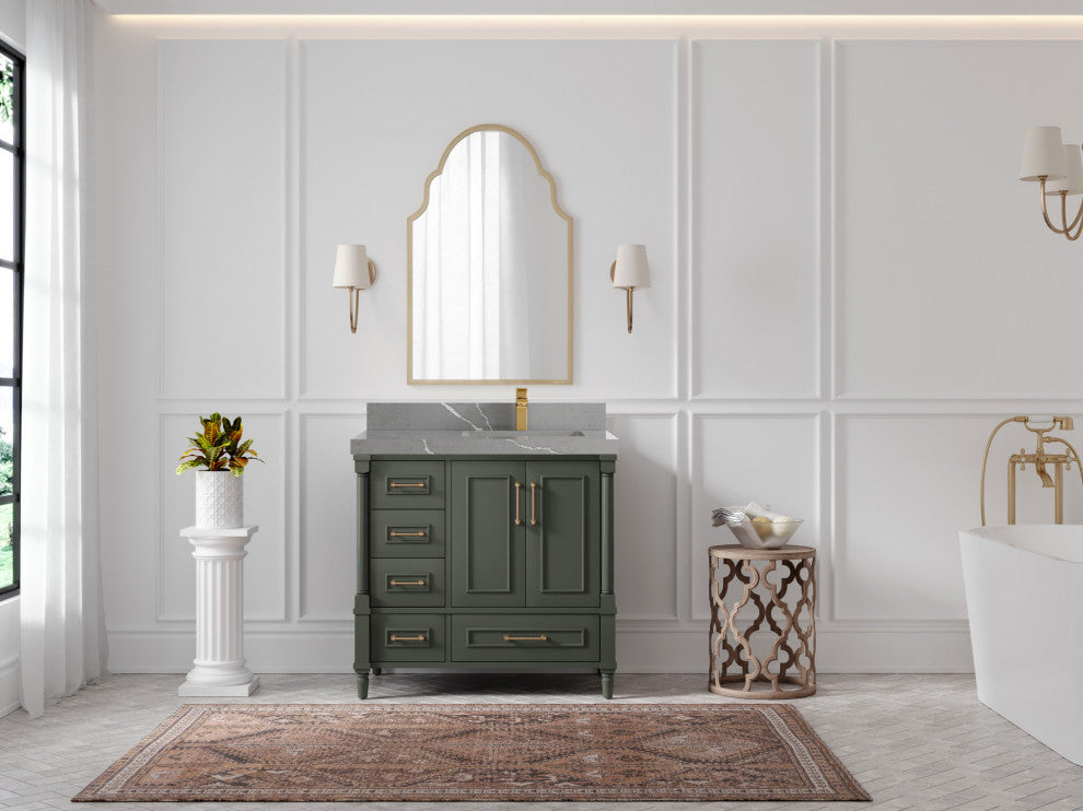 Aberdeen 36 Right Offset Bath Vanity in Pewter Green 2" Piatra Gray
