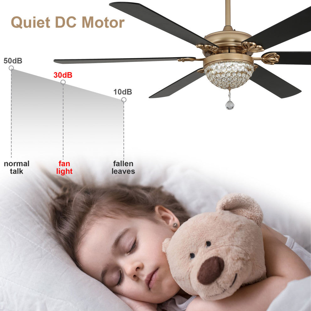 65" Modern Crystal Ceiling Fan with Dimmable LED Light and Remote, Black