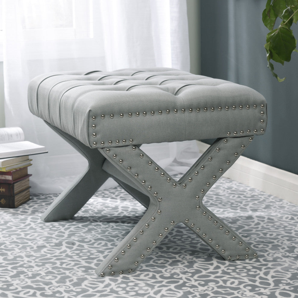 Paola Linen Button Tufted Silver Nailhead Trim X-Leg Ottoman, Light Gray