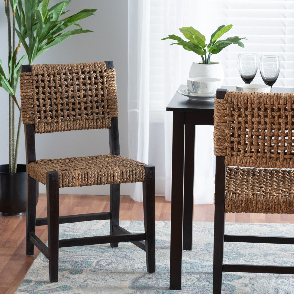 Alise Modern Bohemian Dark Brown Mahogany Wood and Banana Fiber Dining Chair