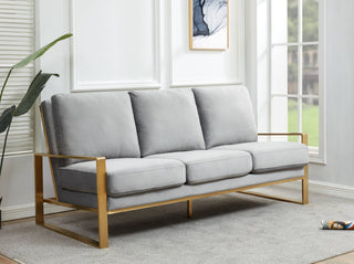 LeisureMod Jefferson Modern Design Velvet Sofa With Gold Frame, Light Gray