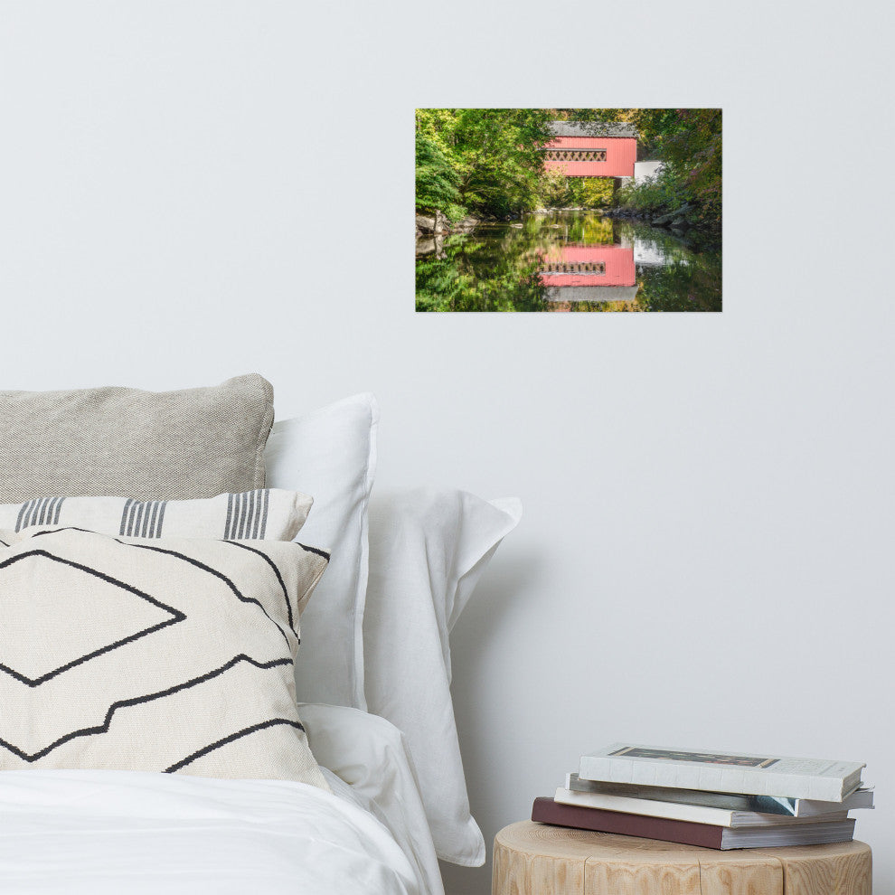 The Reflection of Wooddale Covered Bridge Unframed Wall Art Print, 12" X 18"