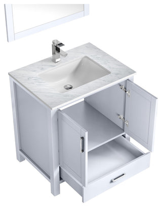 Jacques 30" Single Vanity, Carrara Marble Top, Square Sink&28" Mirror W/ Faucet
