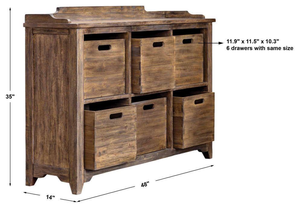 Graphic overlay with measurements and drawer count (infographic).
