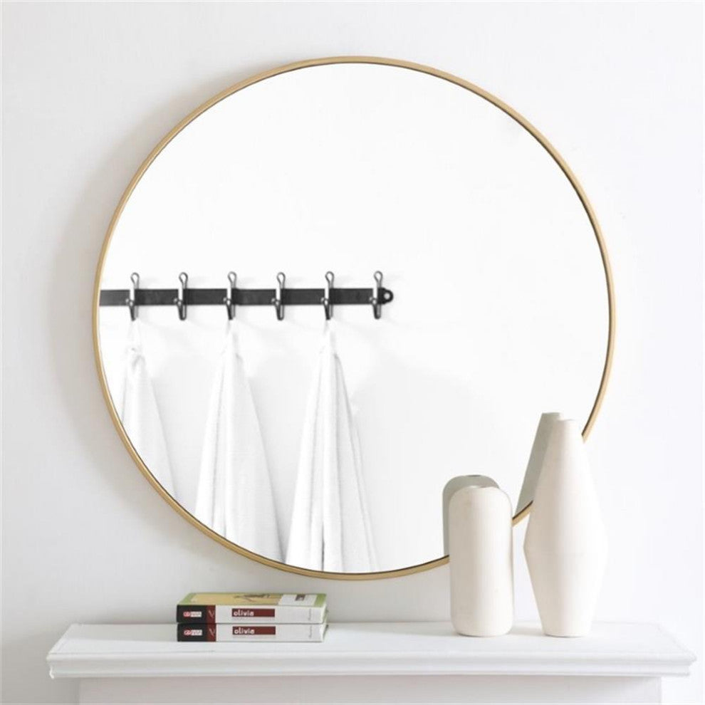 Pemberly Row 36" Round Contemporary Metal Frame Mirror in Brass