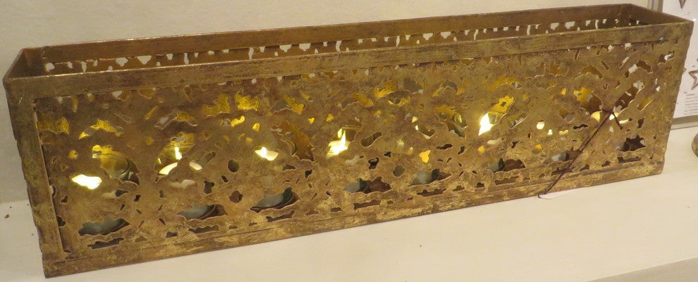 Long Gold Pierced Fretwork Candle Holder, Votive Glass Metal Moroccan