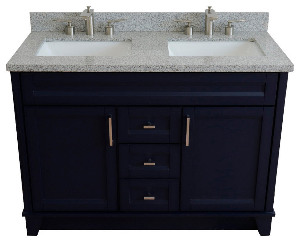 48" Double Sink Vanity, Blue Finish With Gray Granite And Rectangle Sink