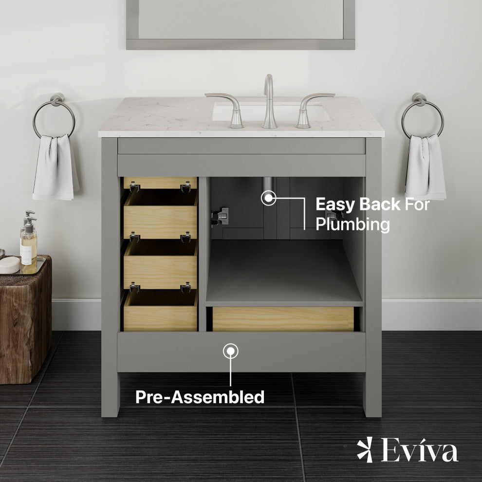 Eviva Aberdeen 36" Transitional Gray Vanity White Carrera Top and Square Sink
