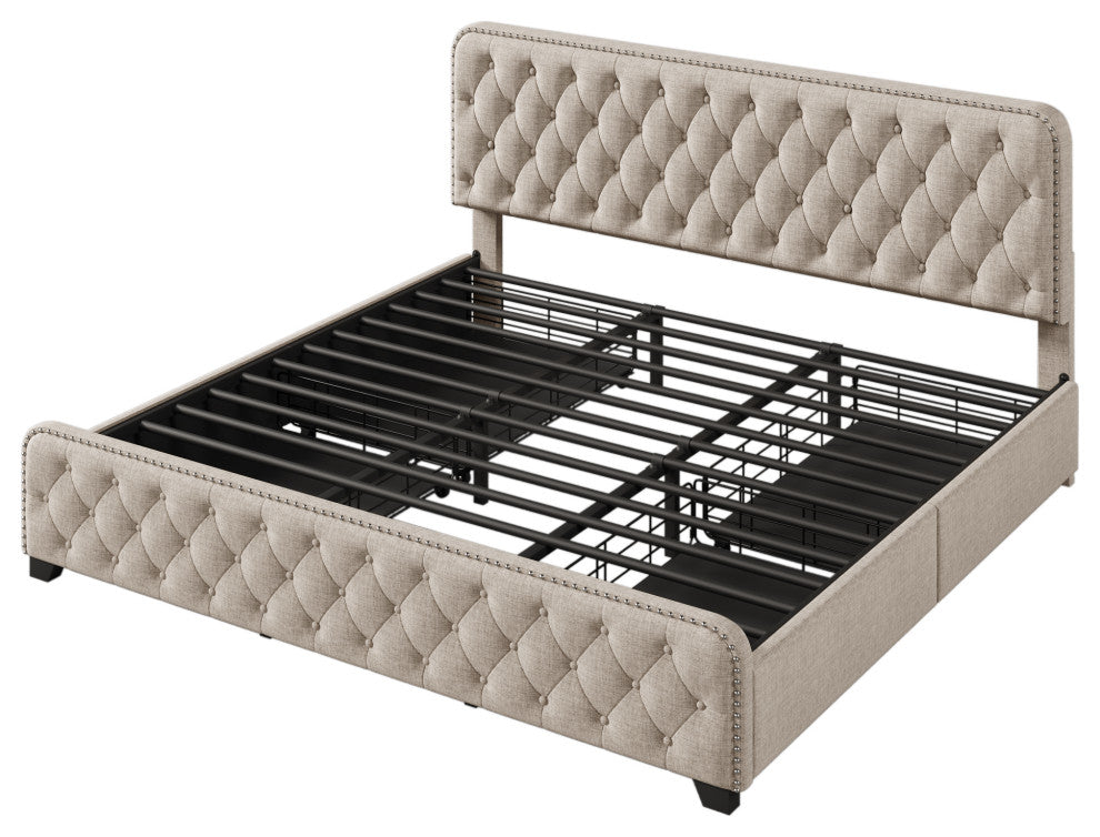 Metal Platform Bed with Headboard, Upholstered and 4-Drawer, Beige, 84.6" X 79.5"