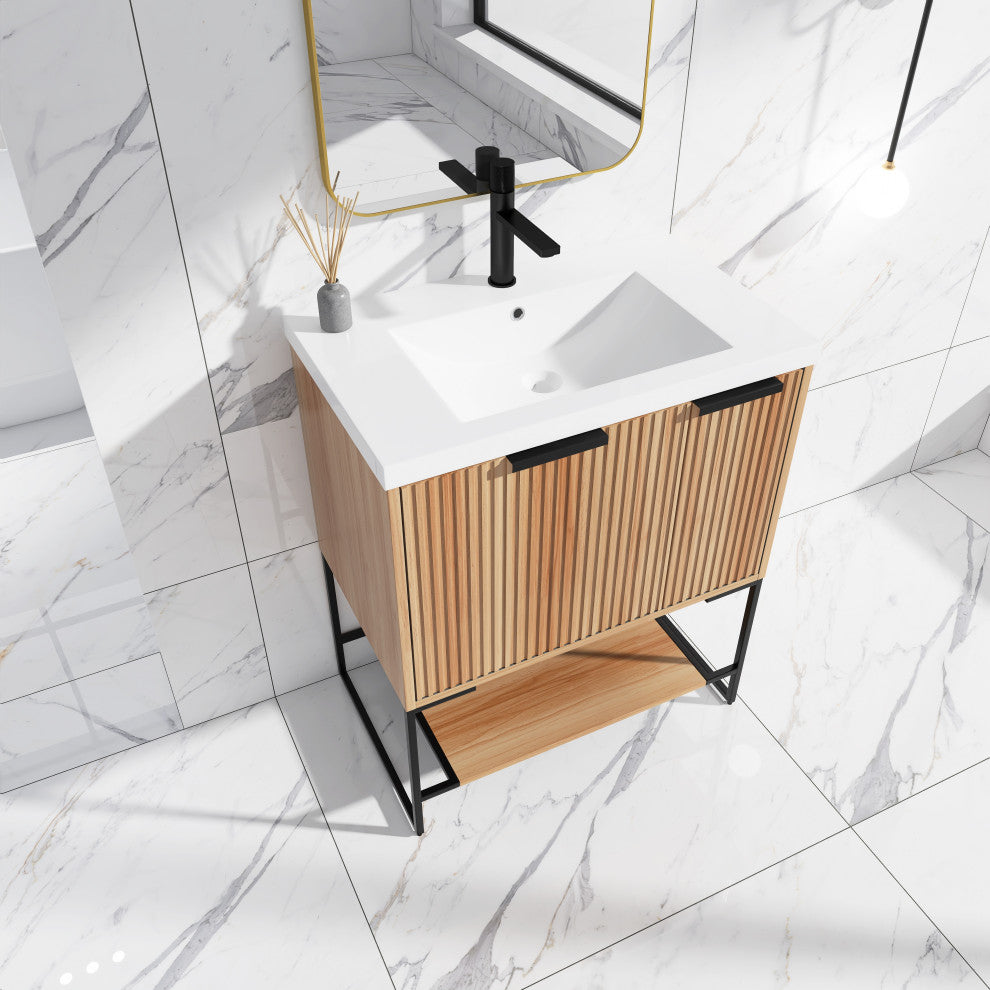 Plywood Freestanding Bathroom Vanity Set with White Ceramic Sink , Maple, 30
