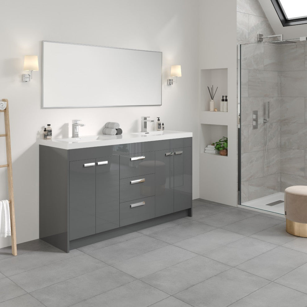 Eviva Lugano 60" Gray Modern Double Sink Bathroom Vanity With White Top