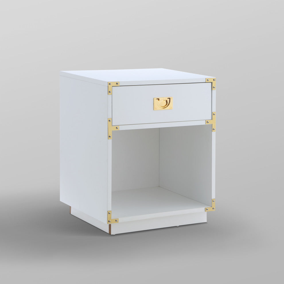 Leandro High Gloss Nightstand With Metal Corner Brackets, White