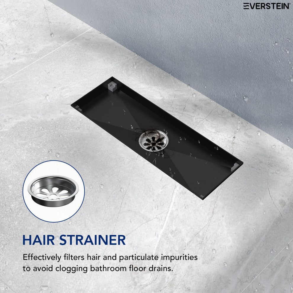 Linear Shower Drain with Hair Strainer and Reversible Tile Insert Cover, Matte Black