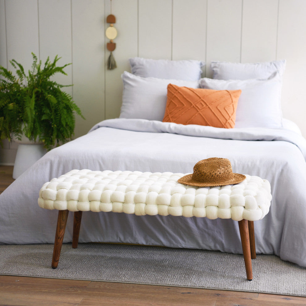 Wood and Woven Velvet Bench, Cream & Natural