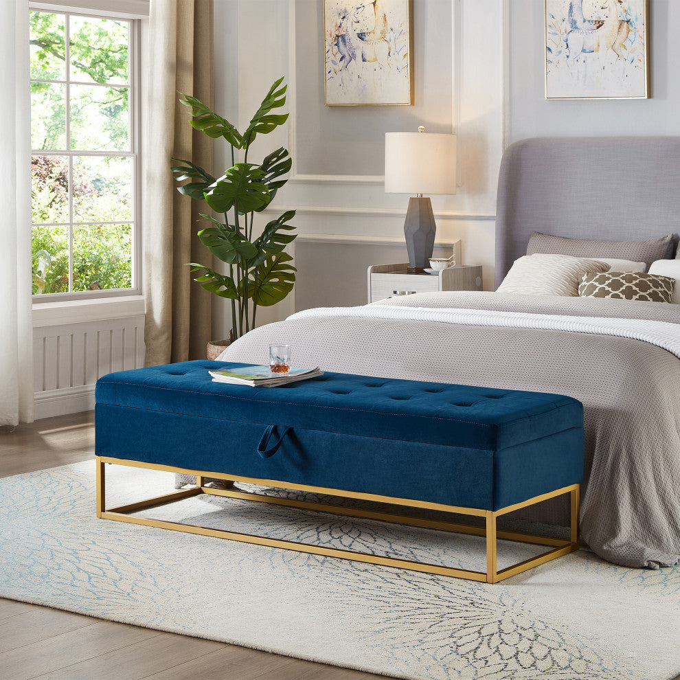 TATEUS Metal Base Bed Bench in Velvet Hidden Storage for Bedroom, Navy Blue