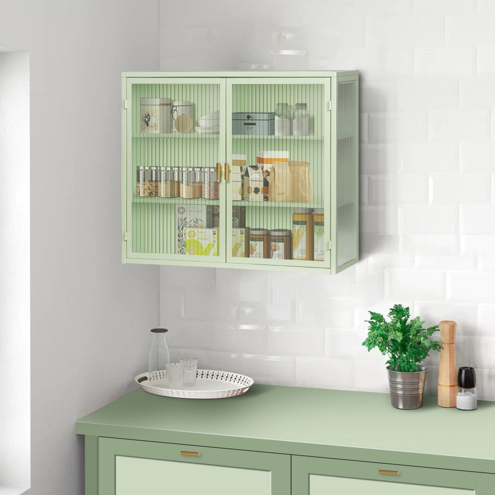 Cabinet mounted on wall in kitchen; interior shelves visible; lifestyle context.