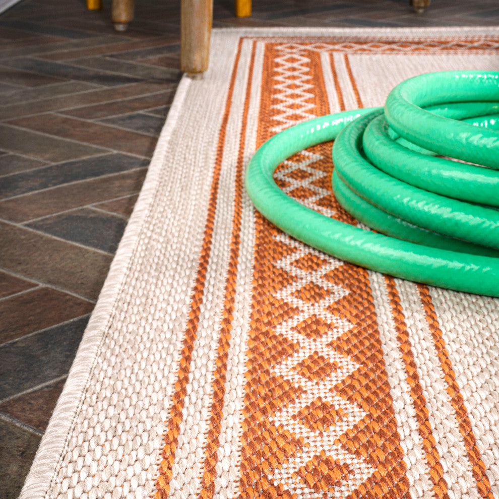 Lucia Classic Diamond Border Indoor/Outdoor Area Rug, Cream/Orange, 8x10