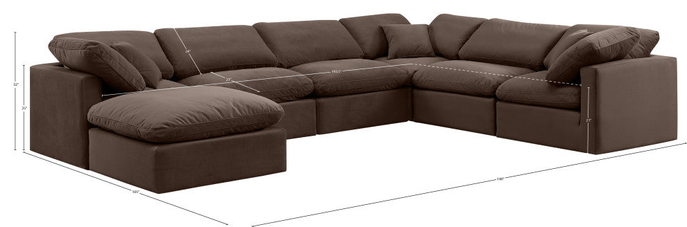 Indulge Upholstered Modular U-Shaped Sectional, Brown, 7-Piece: 3 Armless Chair, 3 Corner Chair, 1 Ottoman, Down Stuffed Velvet