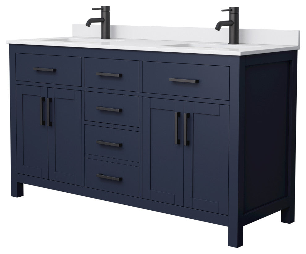 60"DBL Vanity Dark Blue, White Cult. Marble Countertop, Sinks, Black Trim