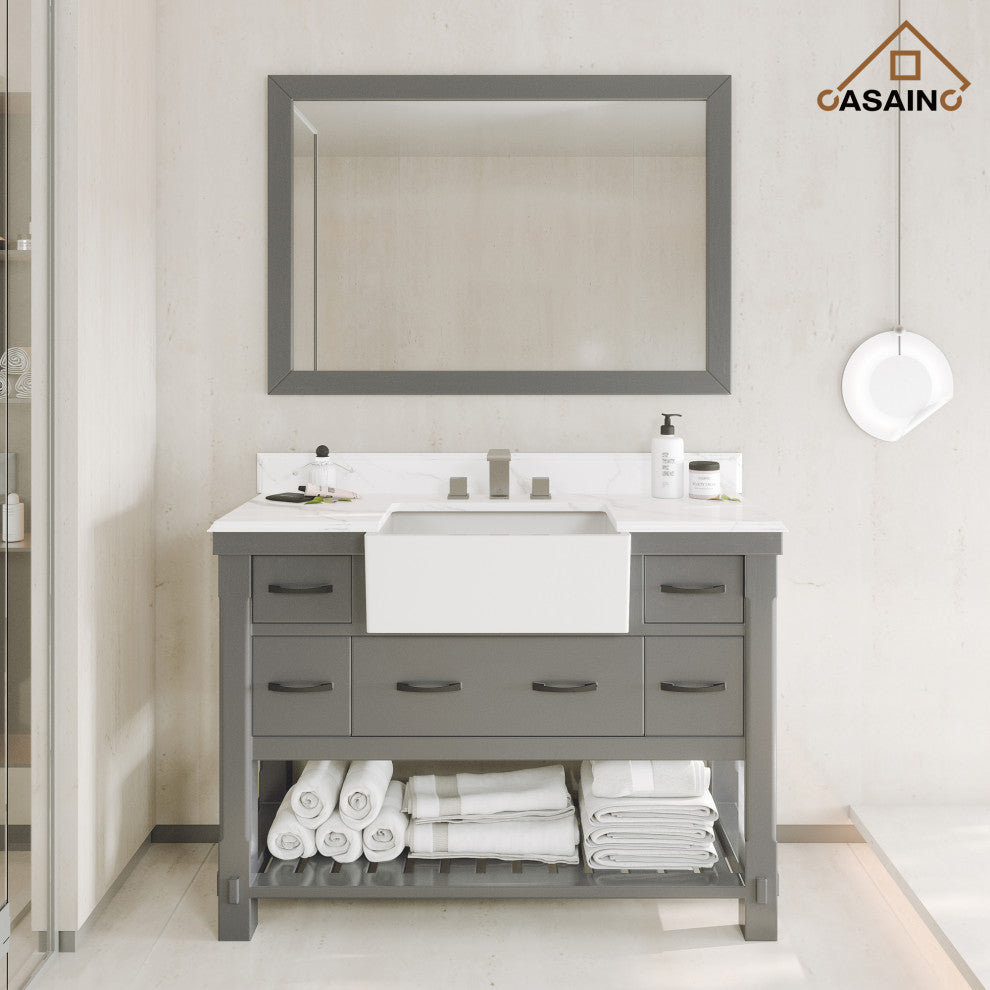 Freestanding Bath Vanity in Gray with White Quartz Top, 48in