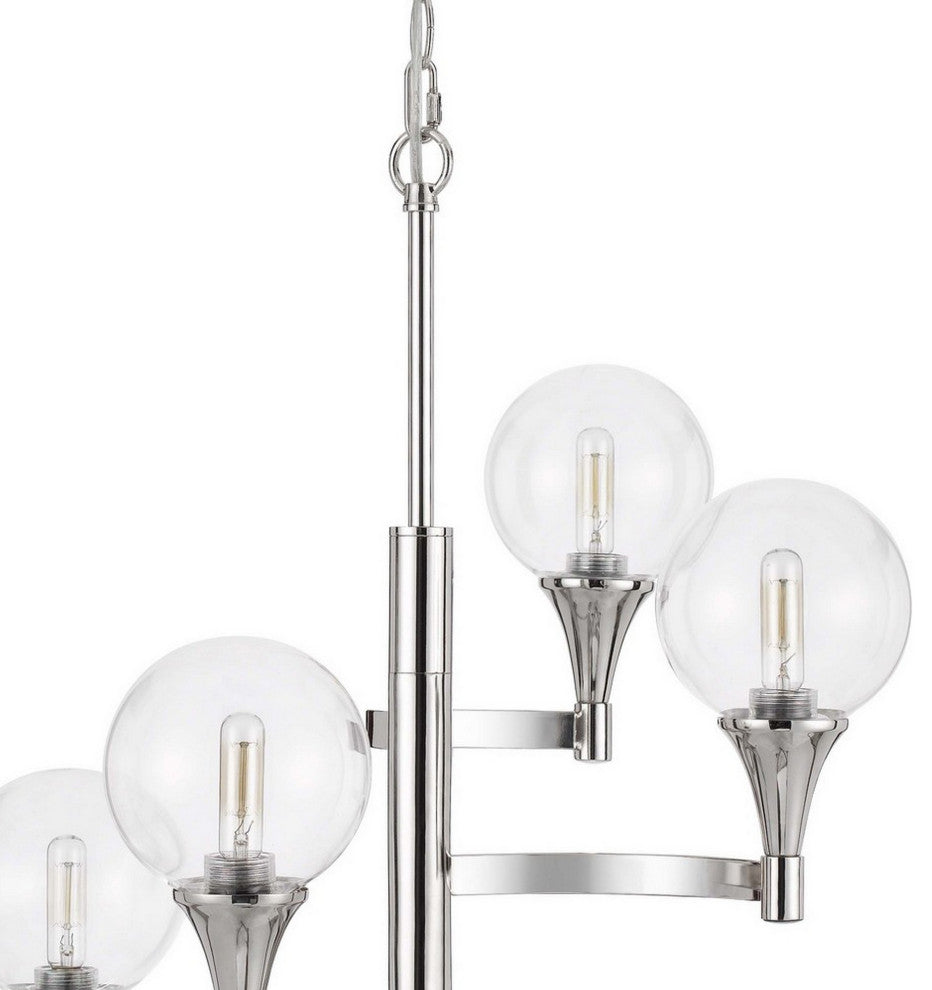 Benzara BM241873 Chandelier, 4 Globe Glass Shades/Cone Design Holders, Chrome