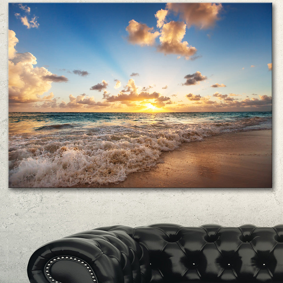 Sunrise on Beach of Caribbean Sea, Large Seashore Canvas Art Print, 60"x28"