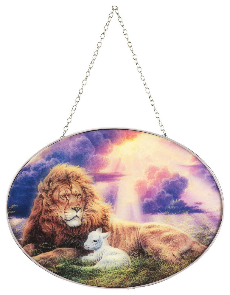 Oval Suncatcher, Laying Lion And Lamb, 9"