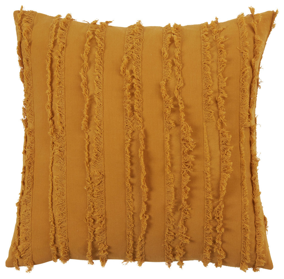 Throw Pillow With Fringe Stripe Design, Mustard, 18"x18", Poly Filled