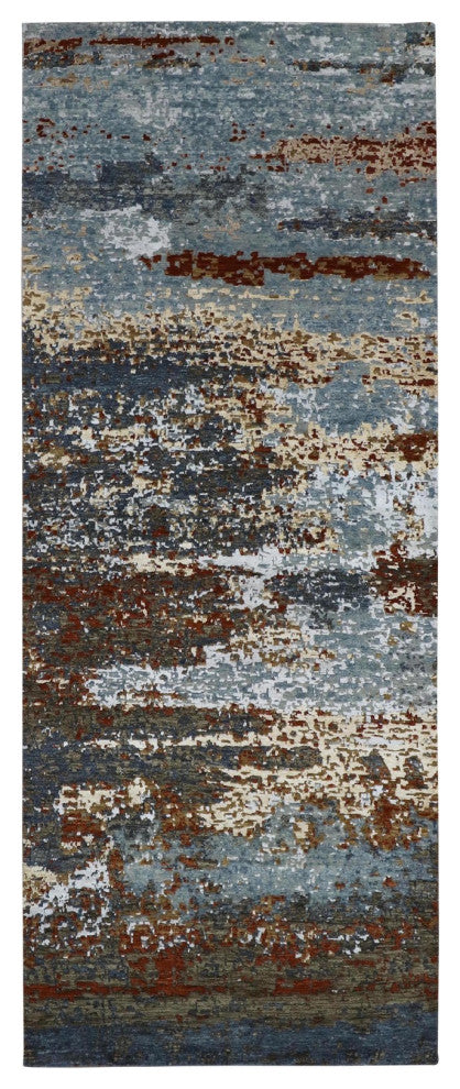 Black Coral Abstract Design Natural Wool Hand Knotted Wide Runner Rug, 4'x10'