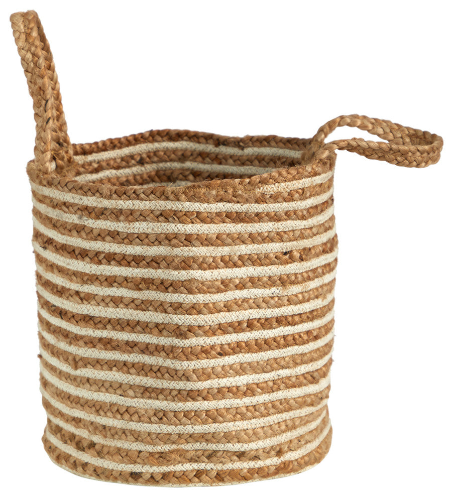 14" Boho Chic Basket Natural Cotton and Jute, Handwoven Stripe With Handles