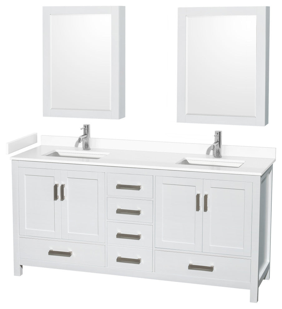 72"DBL Bathroom Vanity White, White Cult. Marble Countertop, Sinks, Med.Cabinets