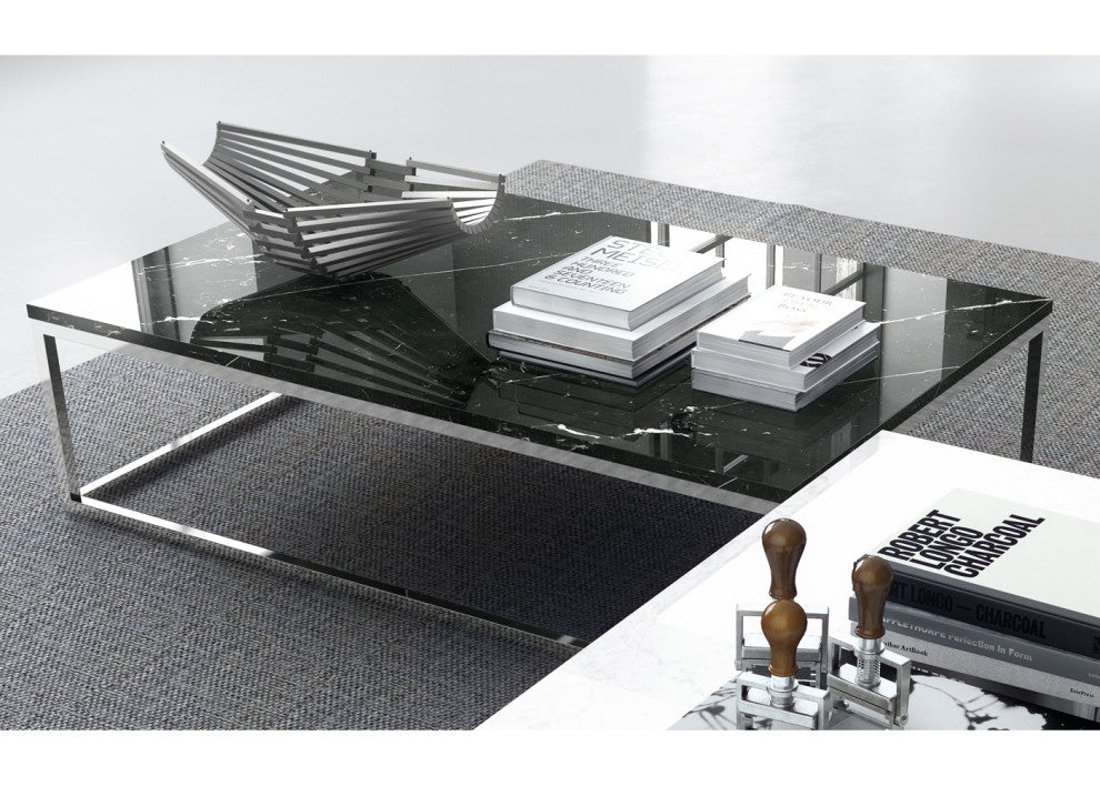 Modern Square Marble Top Coffee Table, White Marble/White Legs