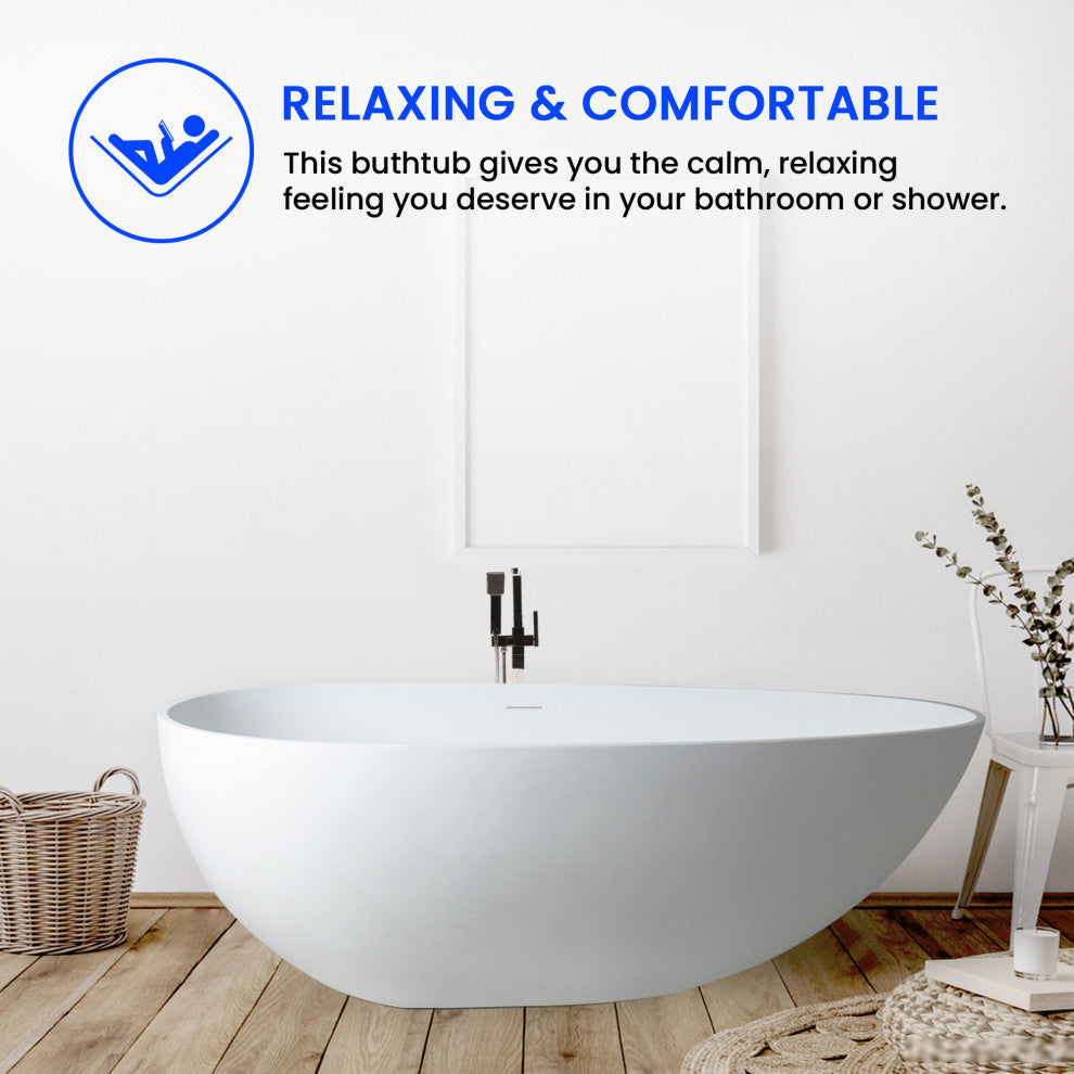 Vanity Art Solid Surface Resin Stone Freestanding Bathtub, Matte White, 59"x30"